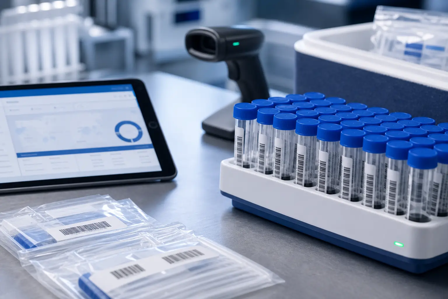 Barcode sample rack, logistics tablet and scanner in a central laboratory